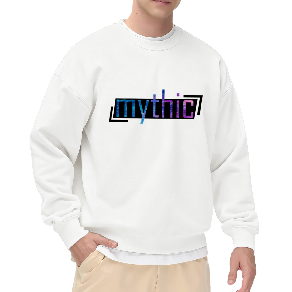 Mythic Text Graphic Crewneck Sweatshirt with Cosmic Gradient Lettering, Space Galaxy Typography Pullover, Celestial Aesthetic Casual Wear