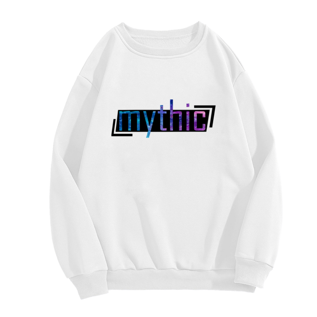 Mythic Text Graphic Crewneck Sweatshirt with Cosmic Gradient Lettering, Space Galaxy Typography Pullover, Celestial Aesthetic Casual Wear