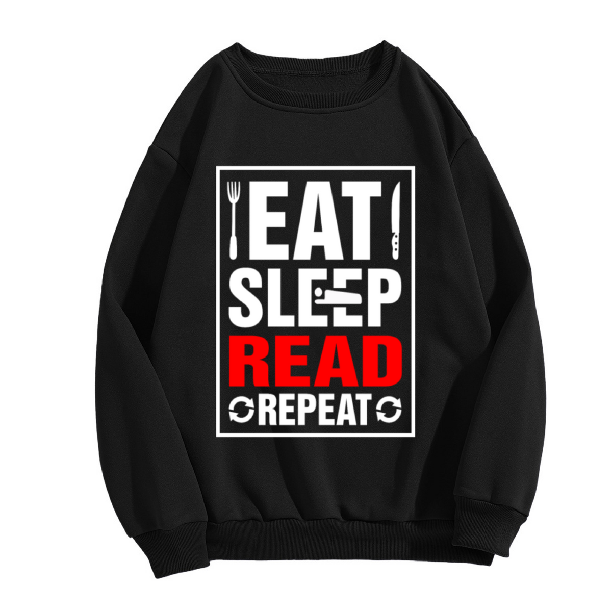 Eat Sleep Read Repeat Crewneck Sweatshirt - Bookworm Cycle Graphic Pullover, Reader Gift, Library Lover Top