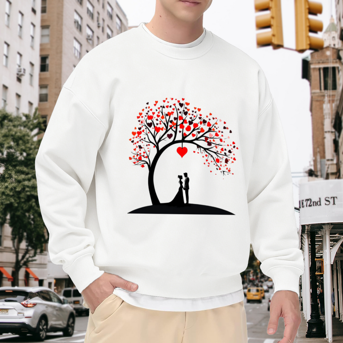 Heart Tree Wedding Couple Silhouette Crewneck Sweatshirt | Romantic Bride and Groom Anniversary Graphic Pullover, Valentine's Day Gift