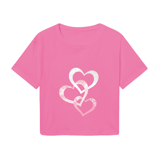Triple Glitter Intertwined Hearts Pink Coquette Crop Tee