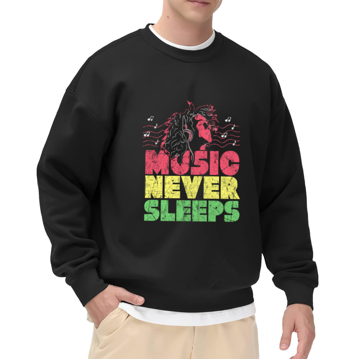 Music Never Sleeps Crewneck Sweatshirt - Headphones Night Owl Graphic Pullover, Music Lover Gift, DJ Streetwear Top