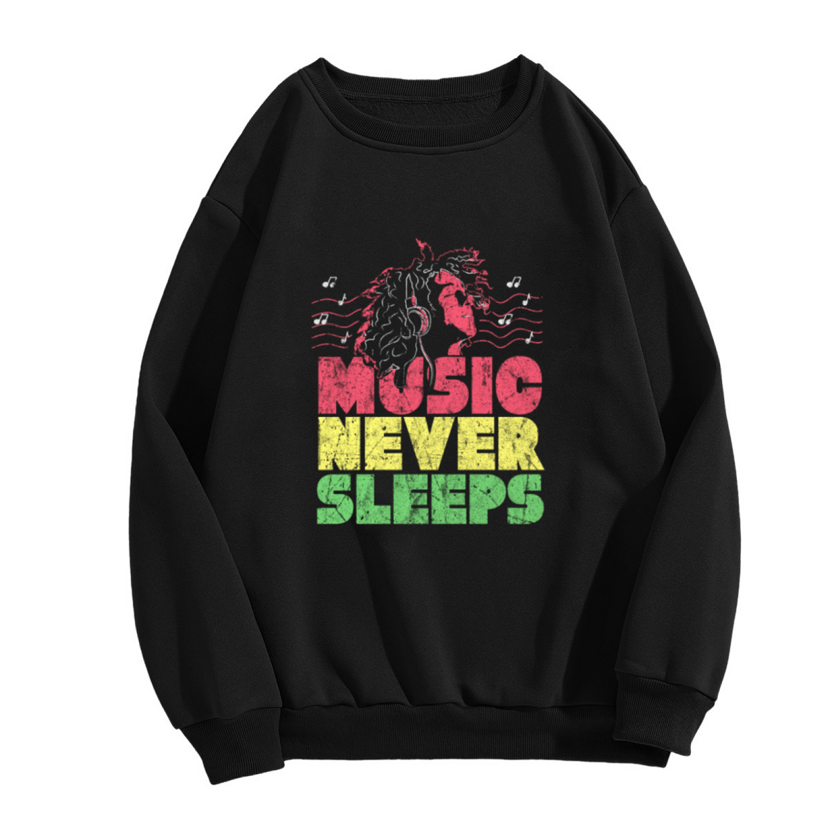 Music Never Sleeps Crewneck Sweatshirt - Headphones Night Owl Graphic Pullover, Music Lover Gift, DJ Streetwear Top