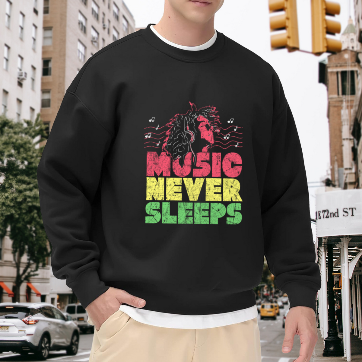 Music Never Sleeps Crewneck Sweatshirt - Headphones Night Owl Graphic Pullover, Music Lover Gift, DJ Streetwear Top