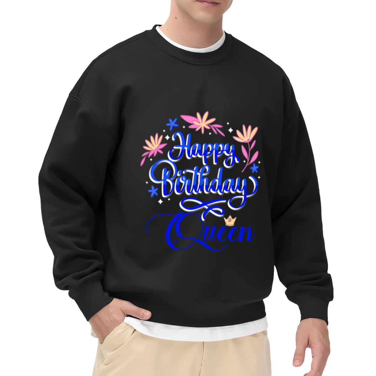 Happy Birthday Queen Sweatshirt | Floral Crown Lettering Graphic Crewneck, Birthday Gift Pullover Top, Queen Birthday Present for Her