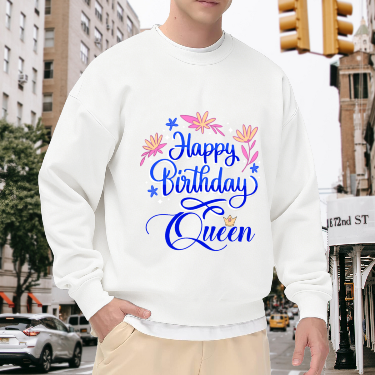 Happy Birthday Queen Sweatshirt | Floral Crown Lettering Graphic Crewneck, Birthday Gift Pullover Top, Queen Birthday Present for Her
