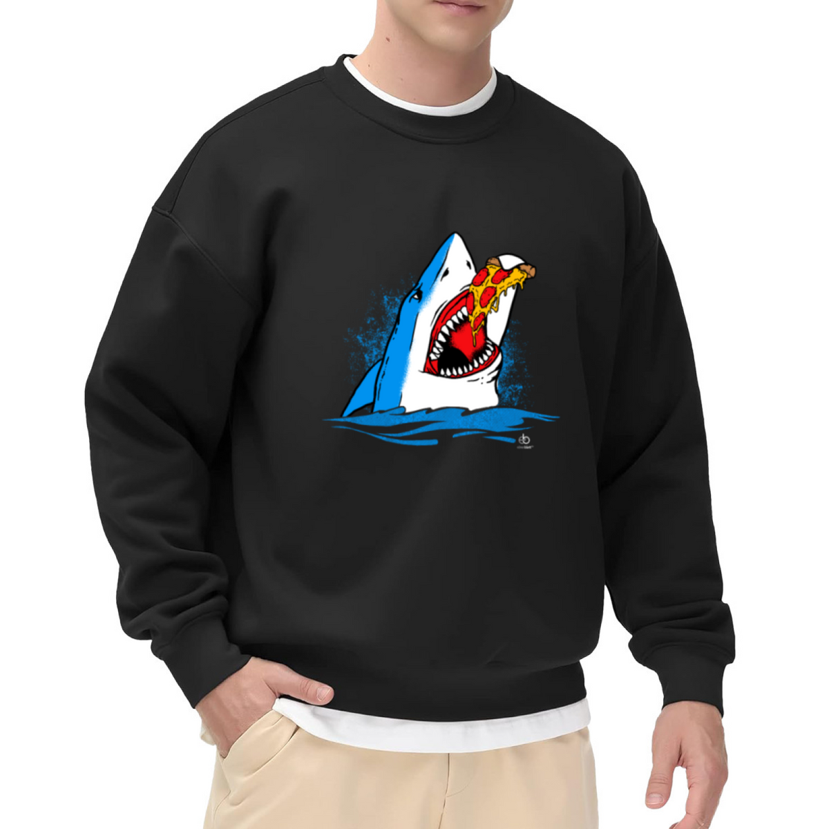 Shark Eating Pizza Sweatshirt | Funny Cartoon Shark Graphic Crewneck, Quirky Foodie Pullover Top, Humor Gift for Pizza Lovers Men Women
