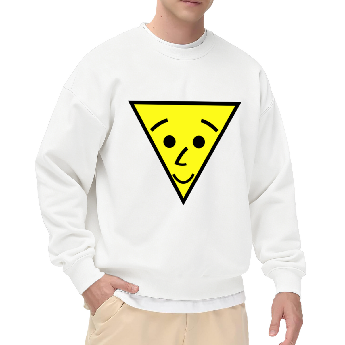 Smiley Yellow Triangle Minimalist Crewneck Sweatshirt | Cute Geometric Face Graphic Pullover, Kawaii Streetwear Top