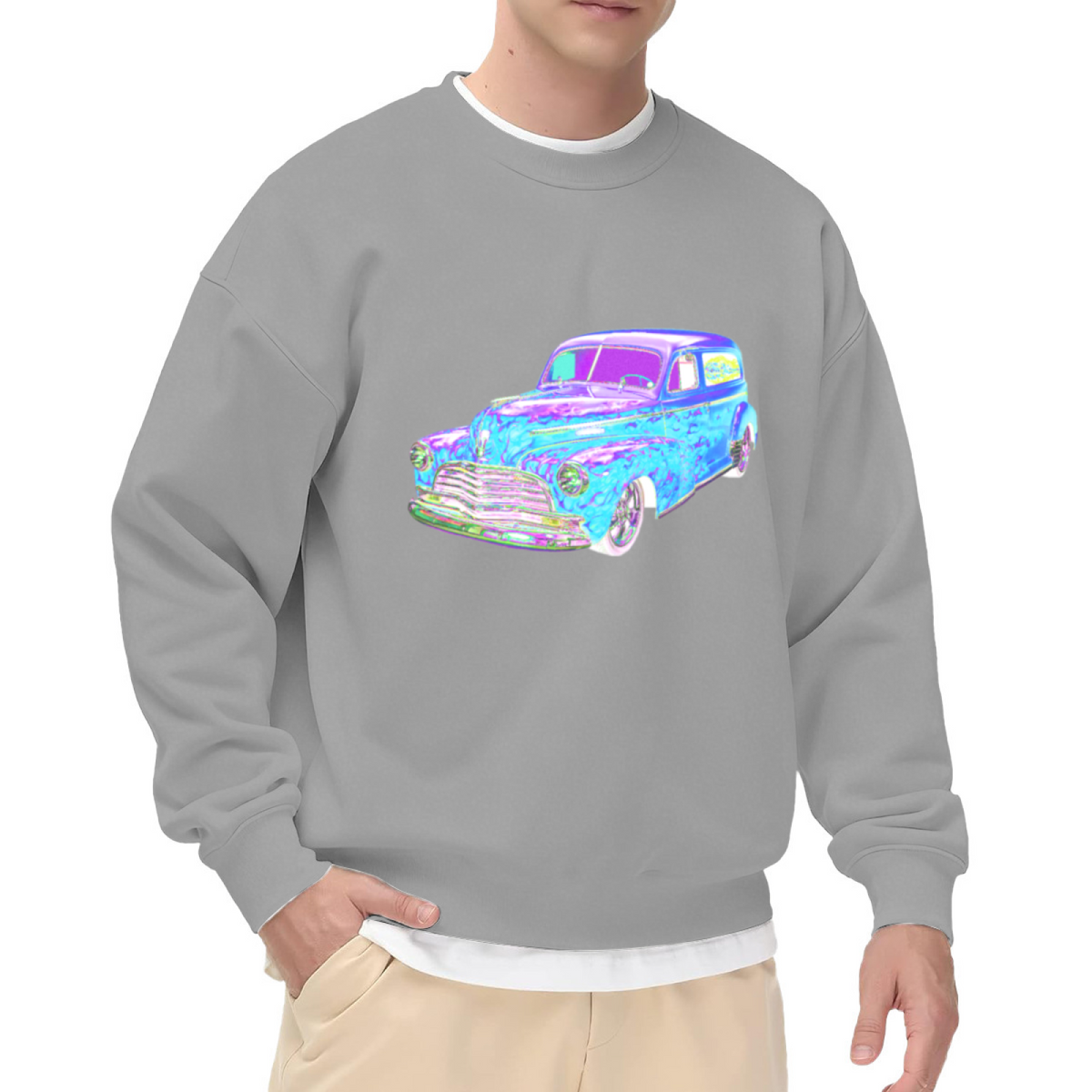 Psychedelic Lowrider Car Crewneck Sweatshirt | Retro Custom Car Graphic Pullover, Holographic Streetwear Top, Car Enthusiast Gift