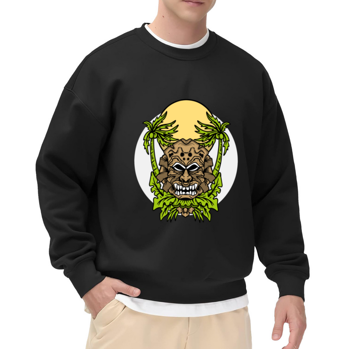 Tribal Stone Mask with Palm Trees Crewneck Sweatshirt, Tropical Tiki Graphic Design