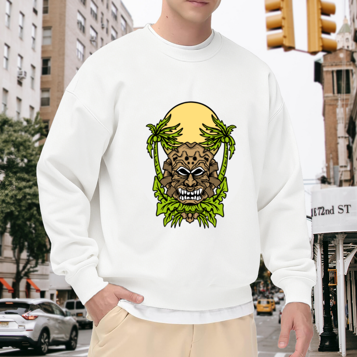 Tribal Stone Mask with Palm Trees Crewneck Sweatshirt, Tropical Tiki Graphic Design