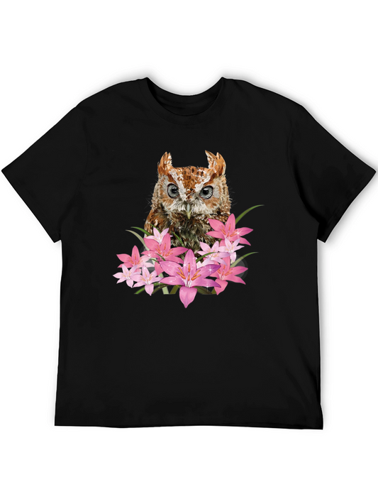 Owl & Floral Graphic Black T-Shirt