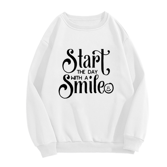 Start The Day With A Smile Calligraphy Smiley Crewneck Sweatshirt | Positive Morning Motivation Pullover, Uplifting Gift