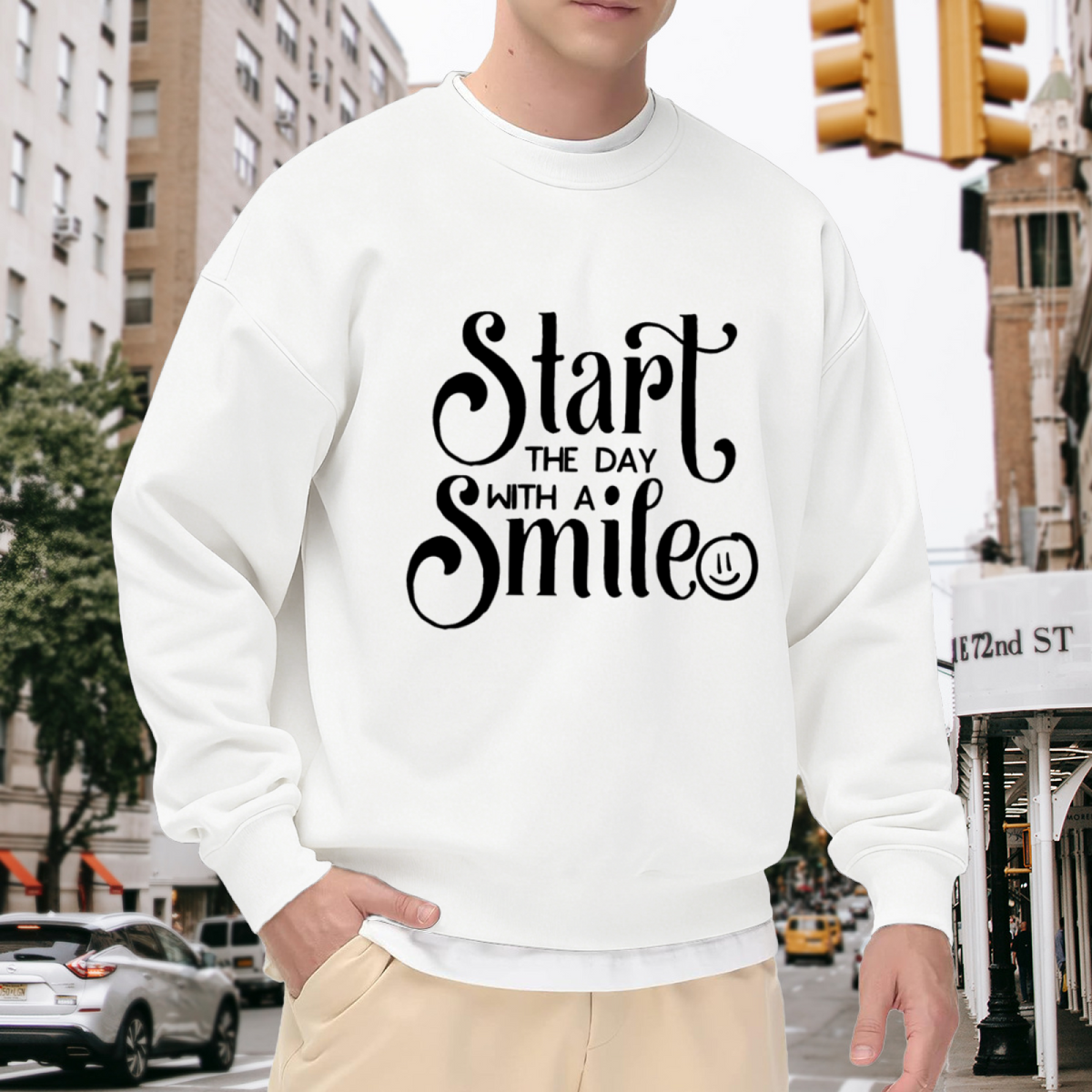 Start The Day With A Smile Calligraphy Smiley Crewneck Sweatshirt | Positive Morning Motivation Pullover, Uplifting Gift