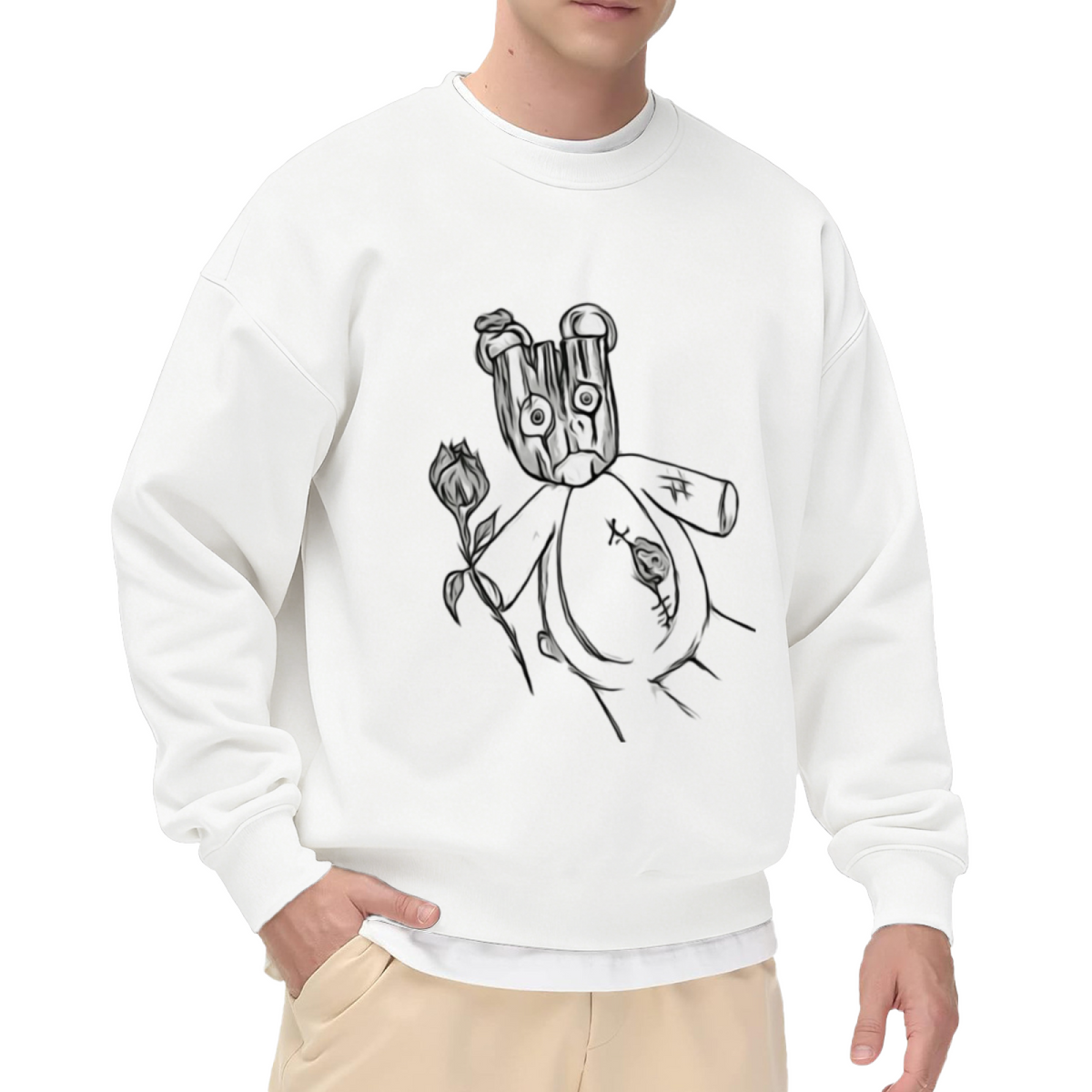 Creepy Woodgrain Head Doll Crewneck Sweatshirt | Dark Hand-Drawn Grotesque Graphic Pullover, Eerie Doll Streetwear Top, Halloween Gift