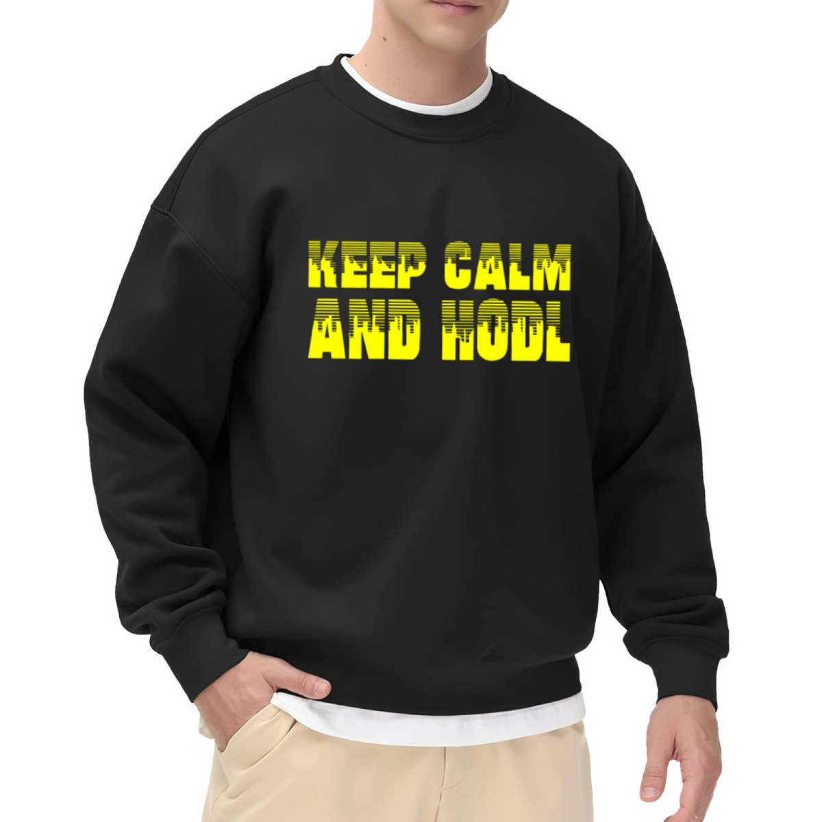 Keep Calm And HODL Glitch Text Crypto Crewneck Sweatshirt | Bitcoin Slang Pullover, Crypto Investor Gift