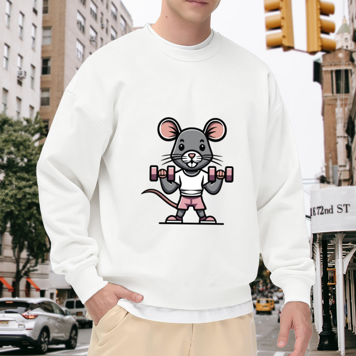 Gym Mouse Sweatshirt | Cartoon Weightlifting Mouse Graphic Crewneck, Cute Fitness Pullover Top, Workout Gift for Gym Lovers Women Men