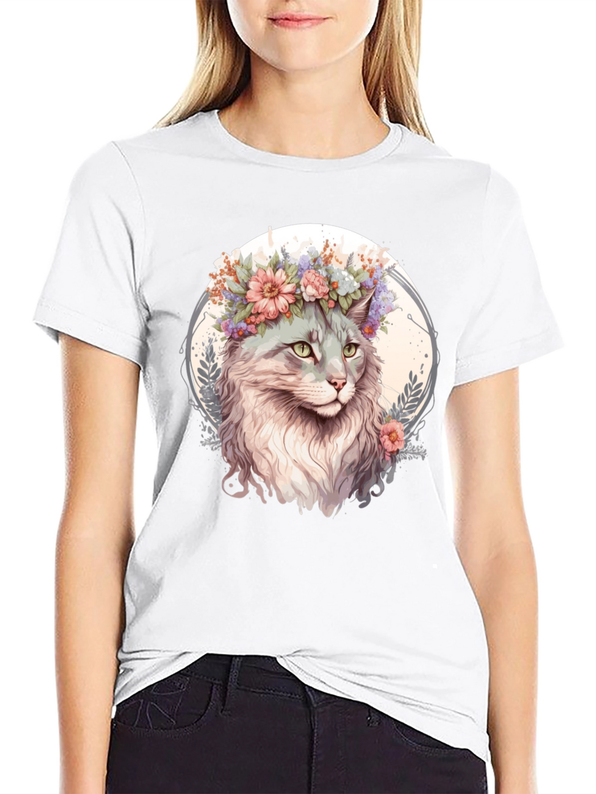 Cat with Flowers Graphic Tee