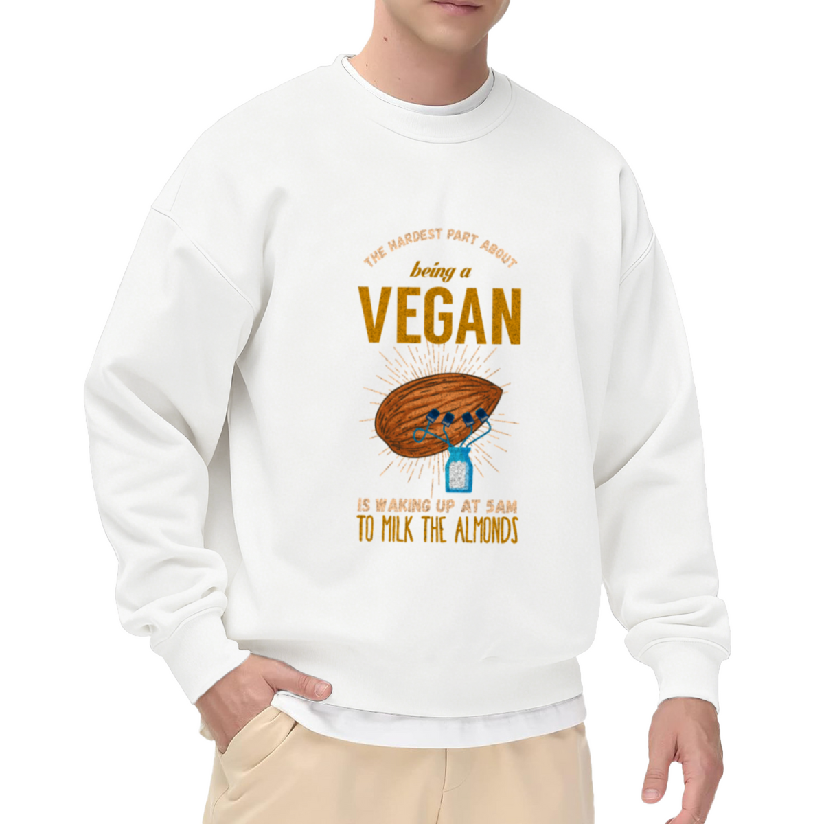 Hardest Part About Being Vegan Almond Milk Crewneck Sweatshirt | Funny Vegan Joke Pullover, Retro Hand-Drawn Graphic Top, Plant Based Gift