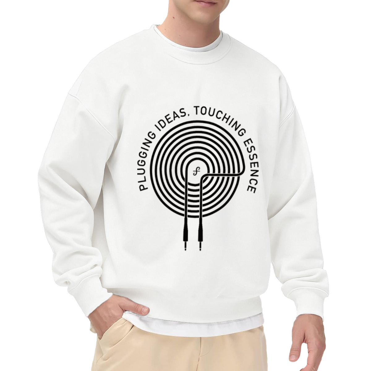 Plugging Ideas Touching Essence Crewneck Sweatshirt | Minimalist Tech Spiral Graphic Pullover, Creative Design Streetwear Top