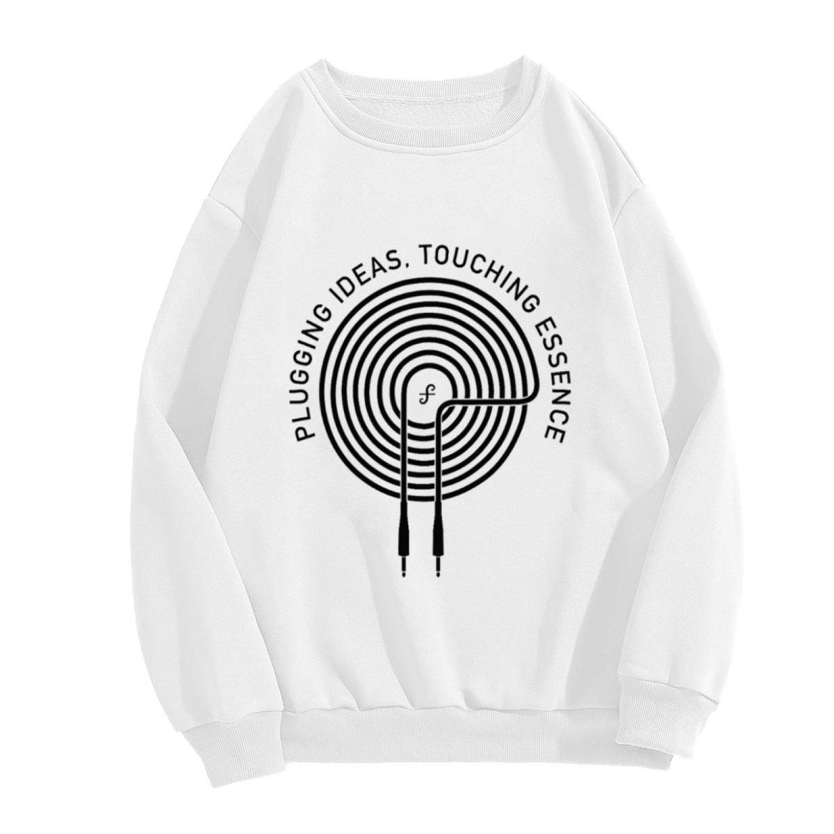 Plugging Ideas Touching Essence Crewneck Sweatshirt | Minimalist Tech Spiral Graphic Pullover, Creative Design Streetwear Top