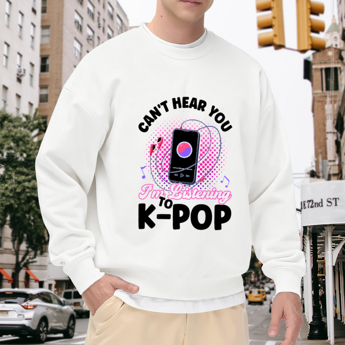 Can't Hear You I'm Listening To K-Pop Music Phone Crewneck Sweatshirt | K-Pop Fan Pop Art Pullover, Music Lover Gift