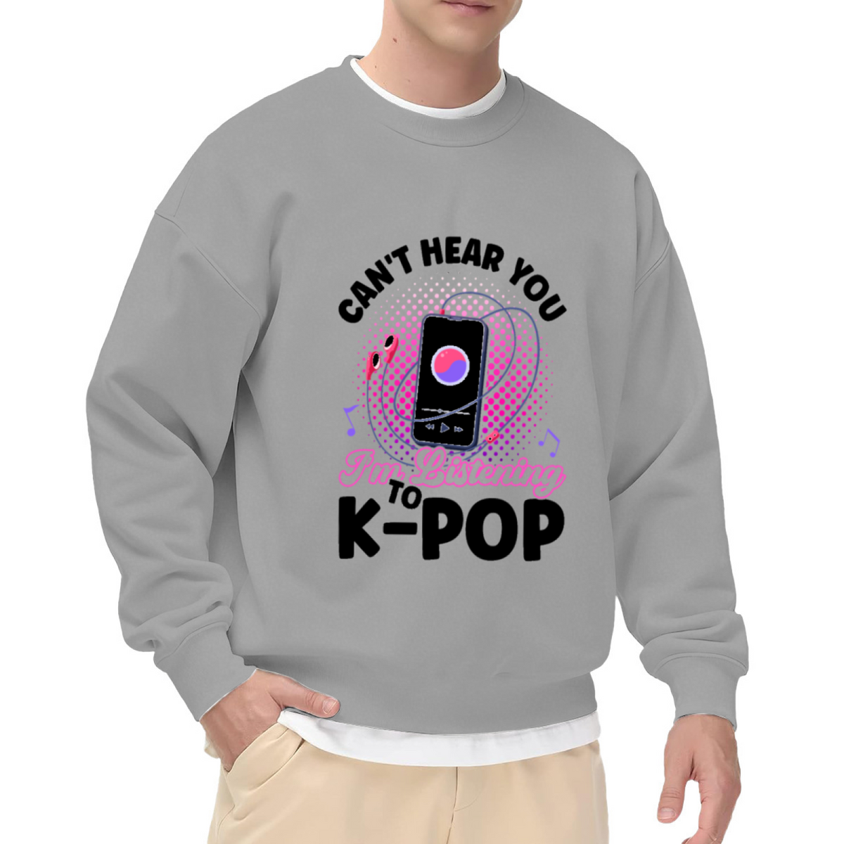 Can't Hear You I'm Listening To K-Pop Music Phone Crewneck Sweatshirt | K-Pop Fan Pop Art Pullover, Music Lover Gift