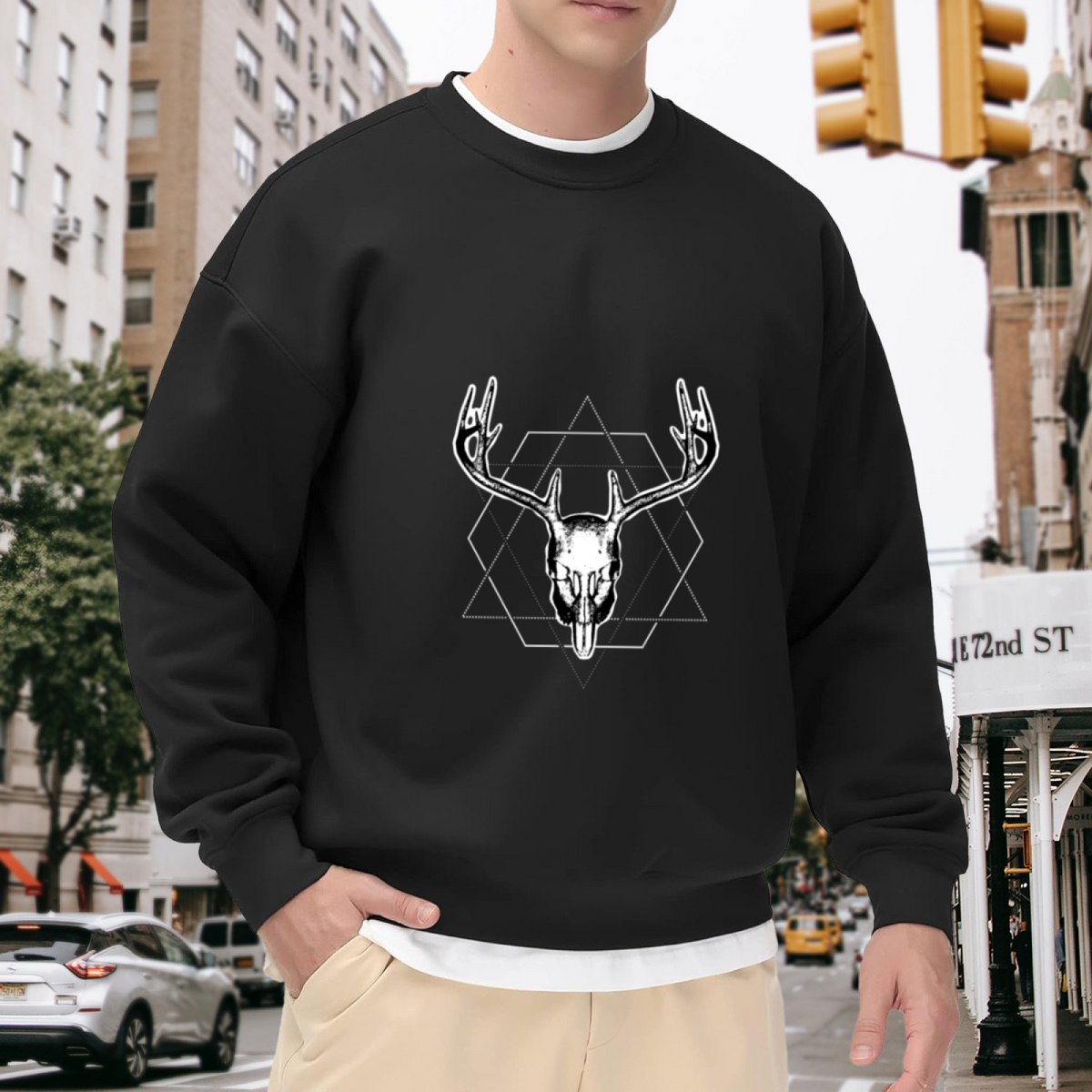 Rock Horn Deer Skull Crewneck Sweatshirt | Edgy Hand-Drawn Gothic Graphic Pullover, Skeleton Rock Hand Streetwear Top, Halloween Gift
