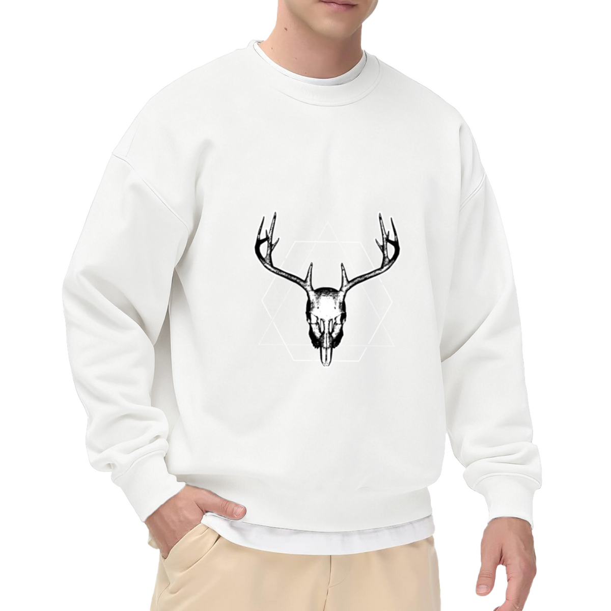 Rock Horn Deer Skull Crewneck Sweatshirt | Edgy Hand-Drawn Gothic Graphic Pullover, Skeleton Rock Hand Streetwear Top, Halloween Gift