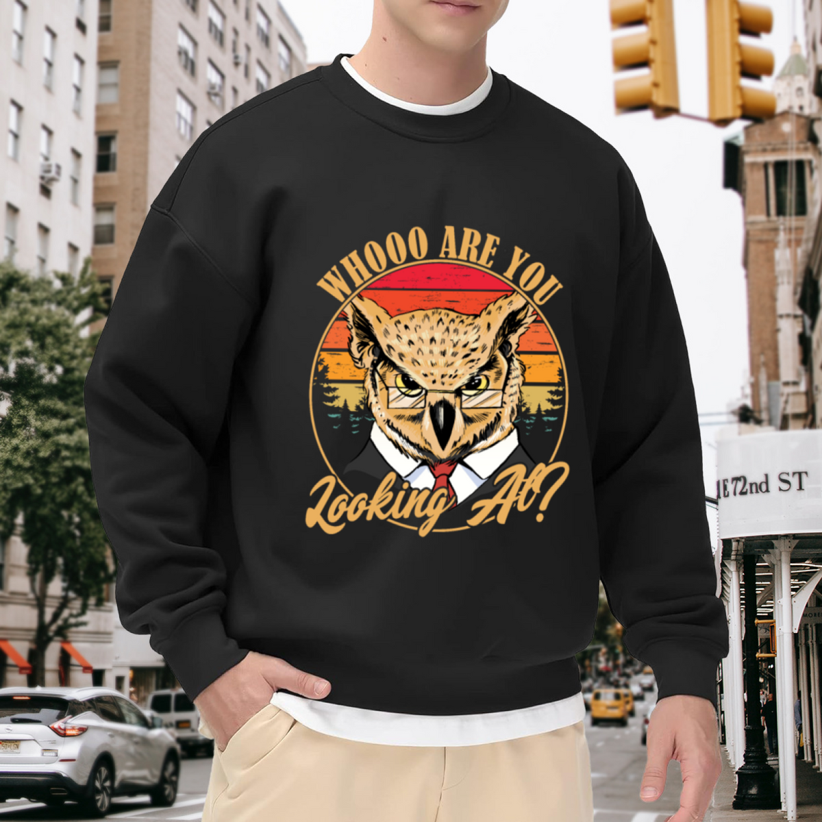 Whooo Are You Looking At Owl Crewneck Sweatshirt, Retro Sunset Glasses Pullover, Funny Owl Gift