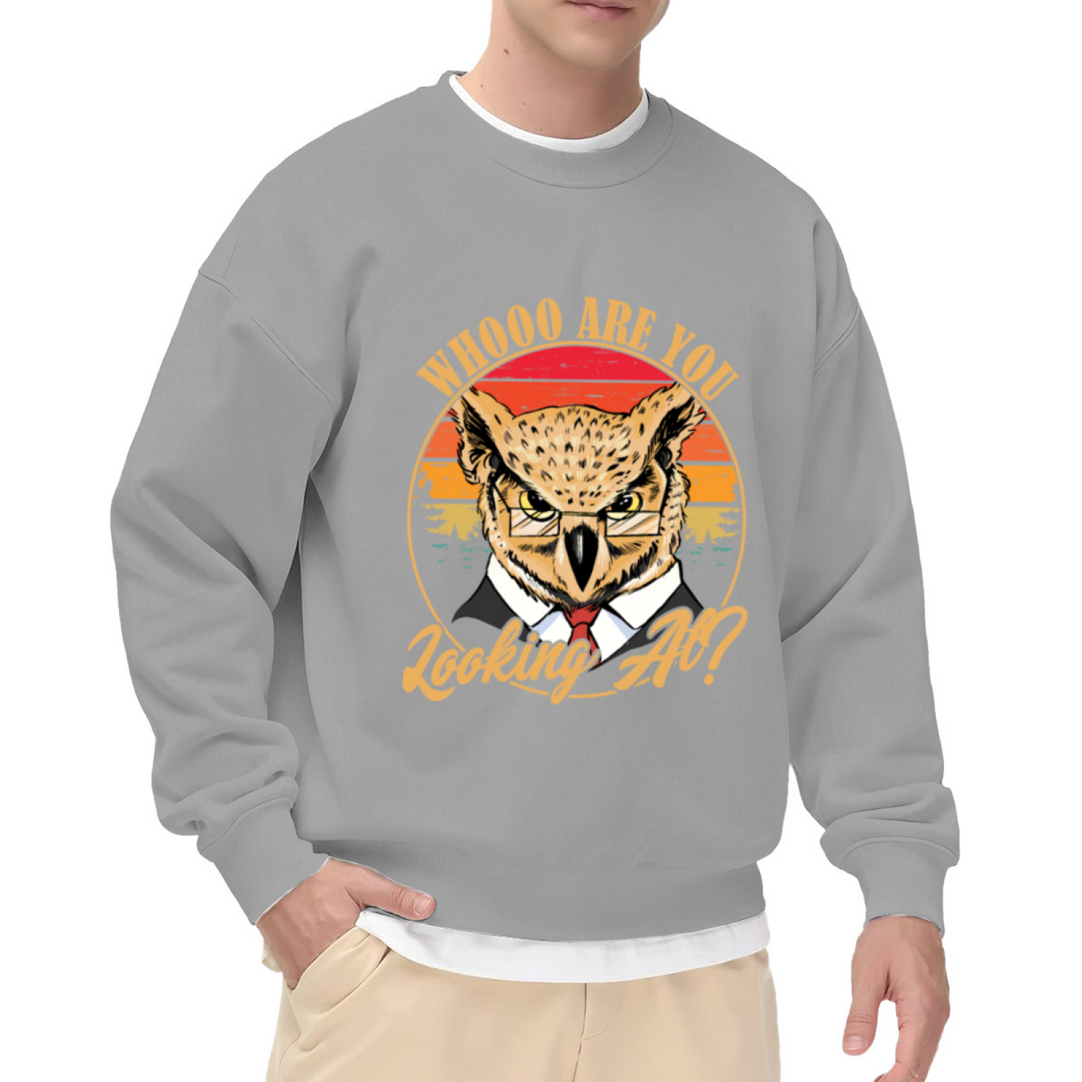 Whooo Are You Looking At Owl Crewneck Sweatshirt, Retro Sunset Glasses Pullover, Funny Owl Gift