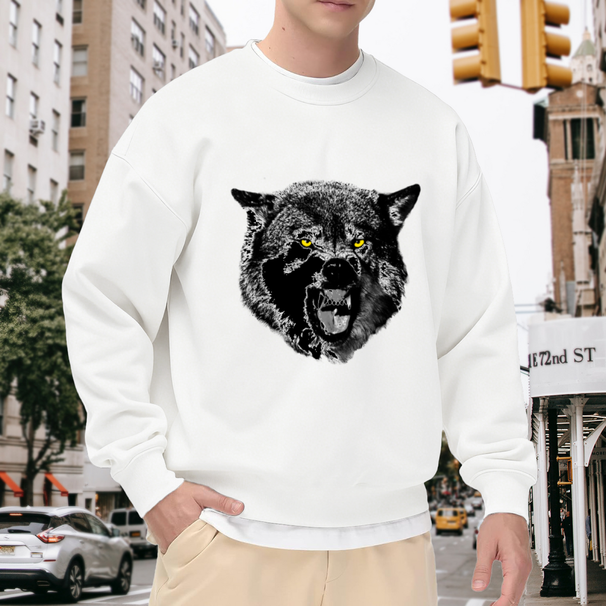 Snarling Wolf Head Sweatshirt | Realistic Wolf Graphic Crewneck, Dark Wild Animal Pullover Top, Wolf Lover Gift for Men Women
