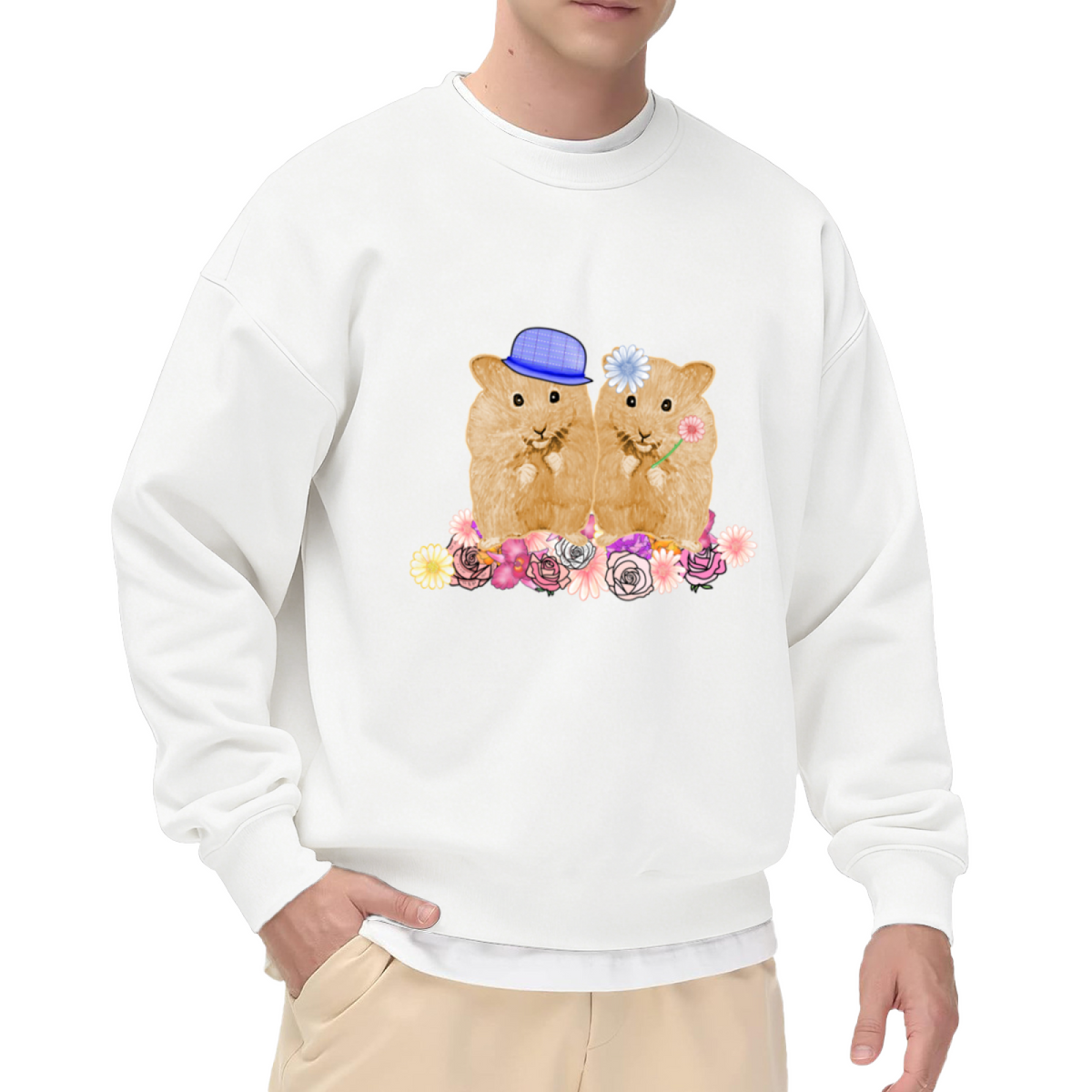 Cute Hamster Couple Floral Crewneck Sweatshirt, Kawaii Pet Illustration Pullover, Friendship Gift