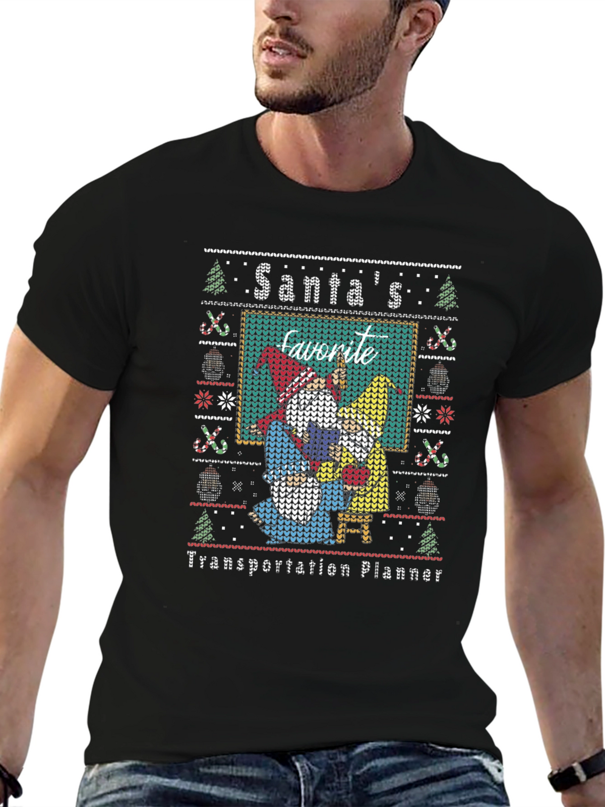 Santas Favorite Transportation Planner Ugly Christmas T-Shirt