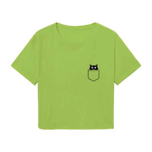 Pocket Black Cat Fresh Lime Green Crop Tee