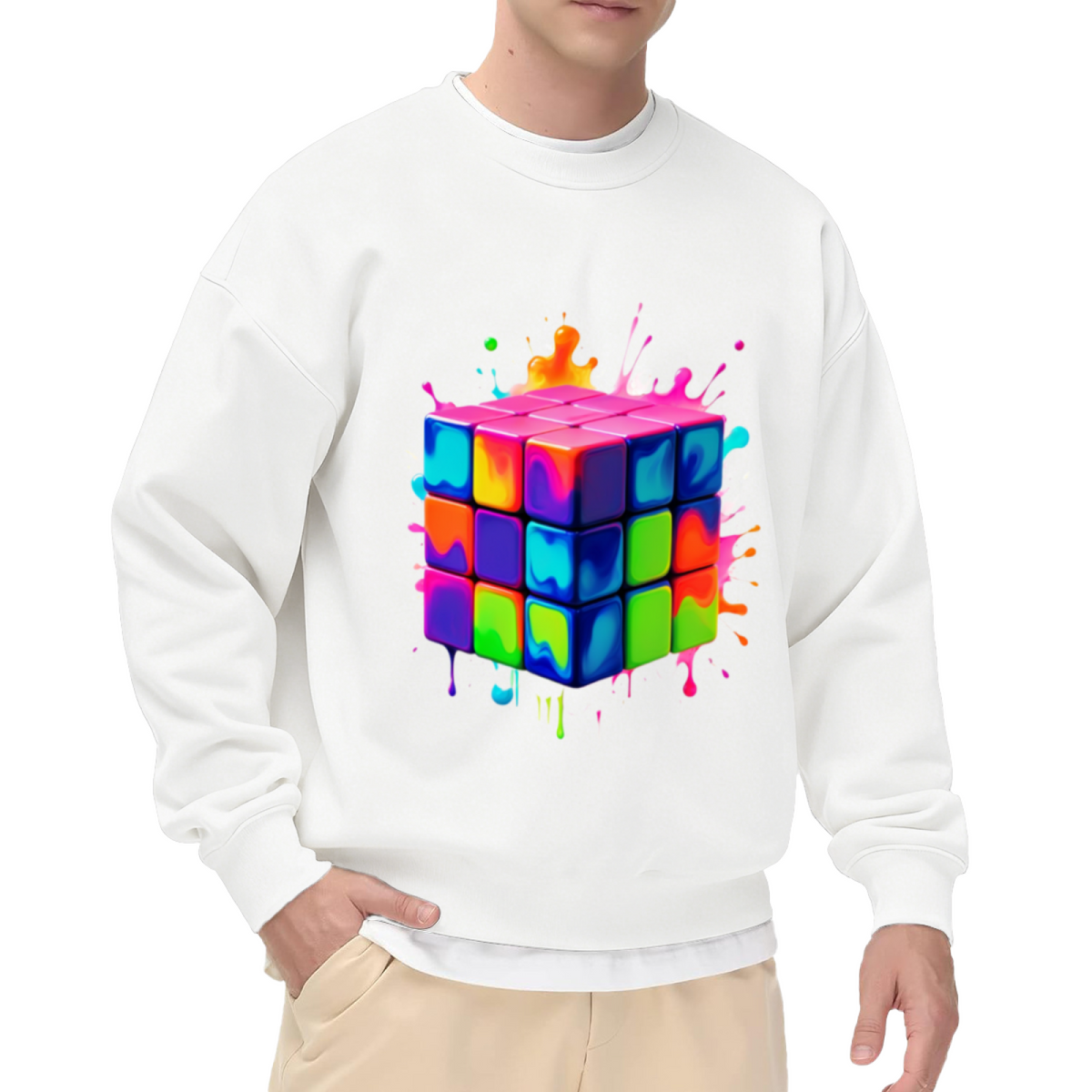 Melting Rubiks Cube Sweatshirt | Liquid Paint Splatter Graphic Crewneck, Psychedelic Puzzle Art Pullover Top, Colorful Gift for Puzzle Lovers