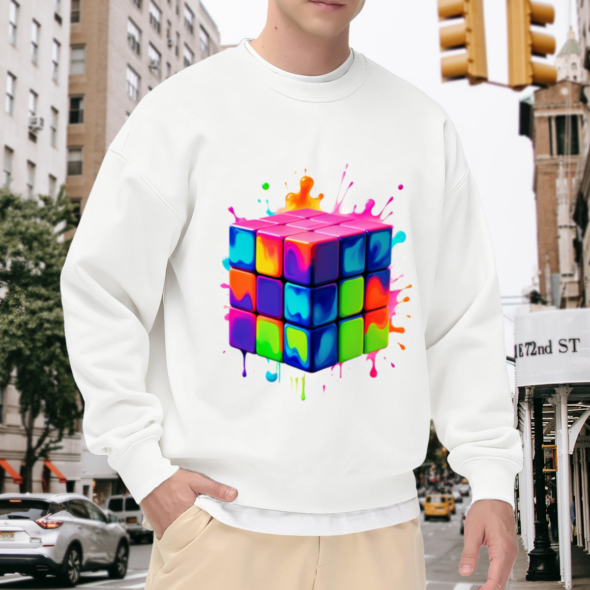 Melting Rubiks Cube Sweatshirt | Liquid Paint Splatter Graphic Crewneck, Psychedelic Puzzle Art Pullover Top, Colorful Gift for Puzzle Lovers