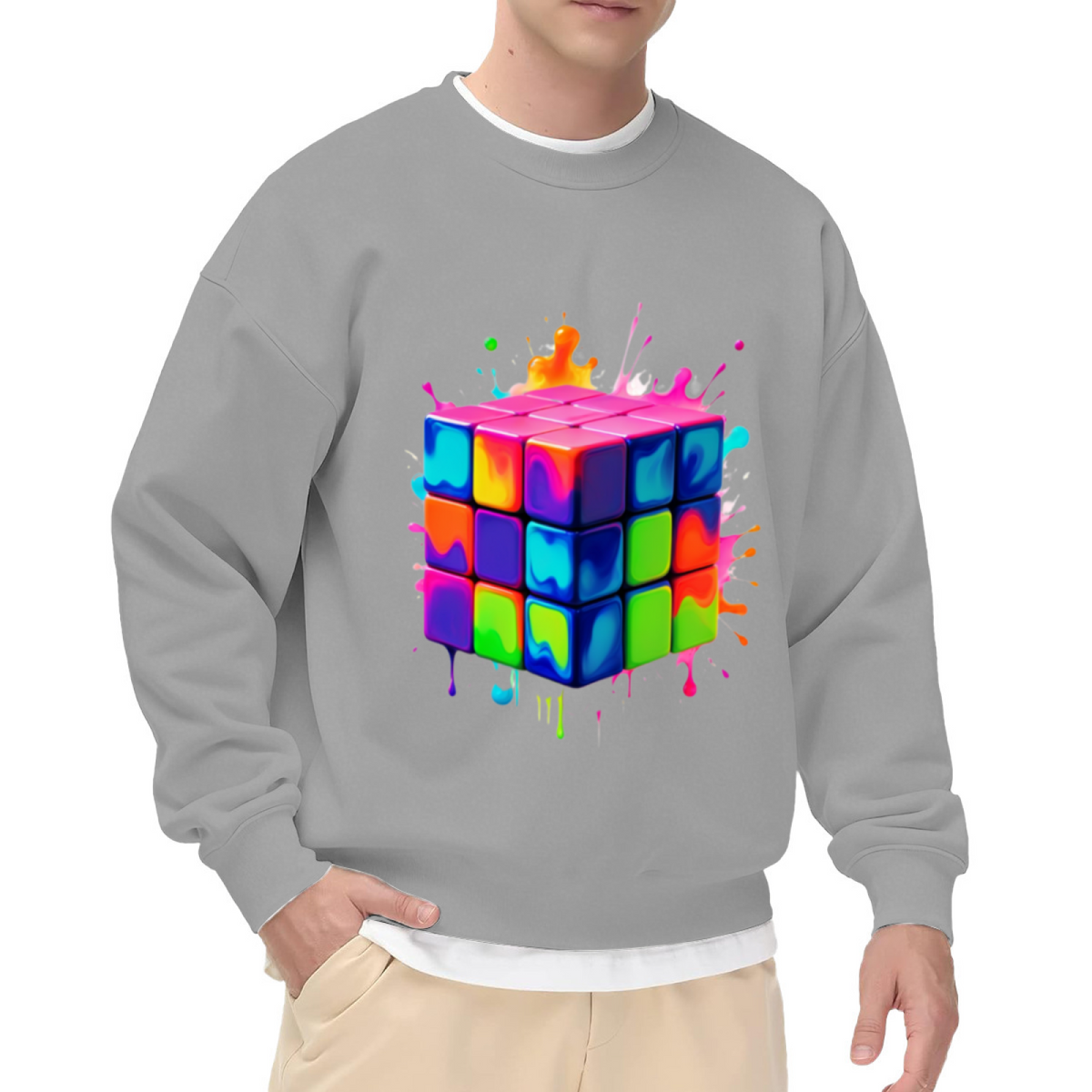 Melting Rubiks Cube Sweatshirt | Liquid Paint Splatter Graphic Crewneck, Psychedelic Puzzle Art Pullover Top, Colorful Gift for Puzzle Lovers