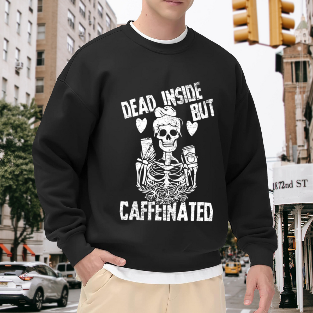 Dead Inside But Caffeinated Skeleton Coffee Crewneck Sweatshirt | Grunge Dark Humor Pullover, Coffee Lover Gift