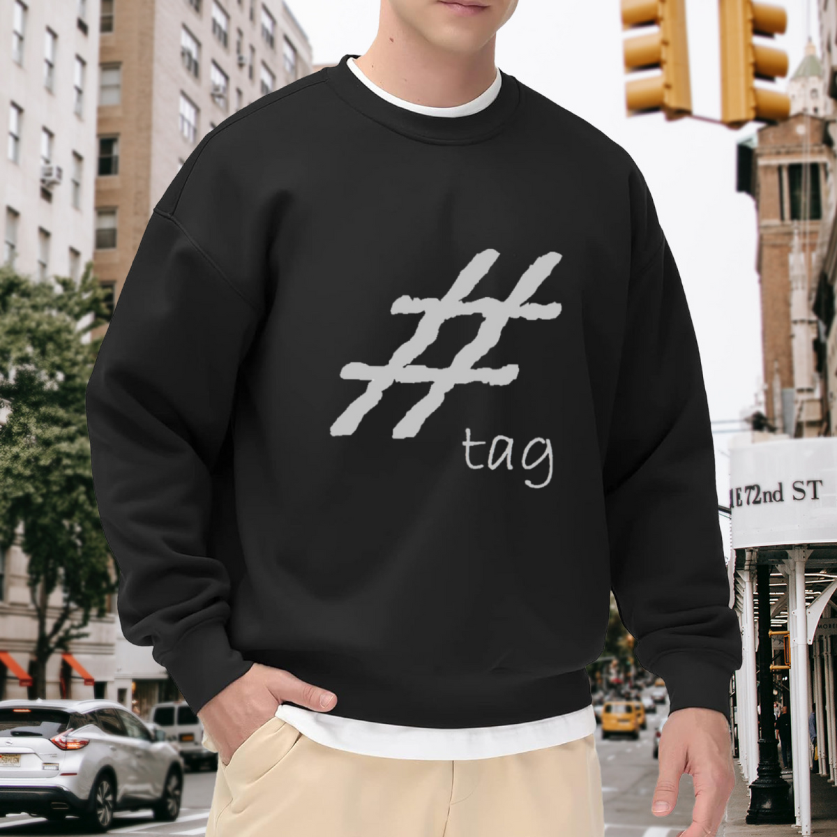 Hashtag Tag Hand-Drawn Graphic Crewneck Sweatshirt | Minimalist Social Media Print Pullover, Streetwear Top