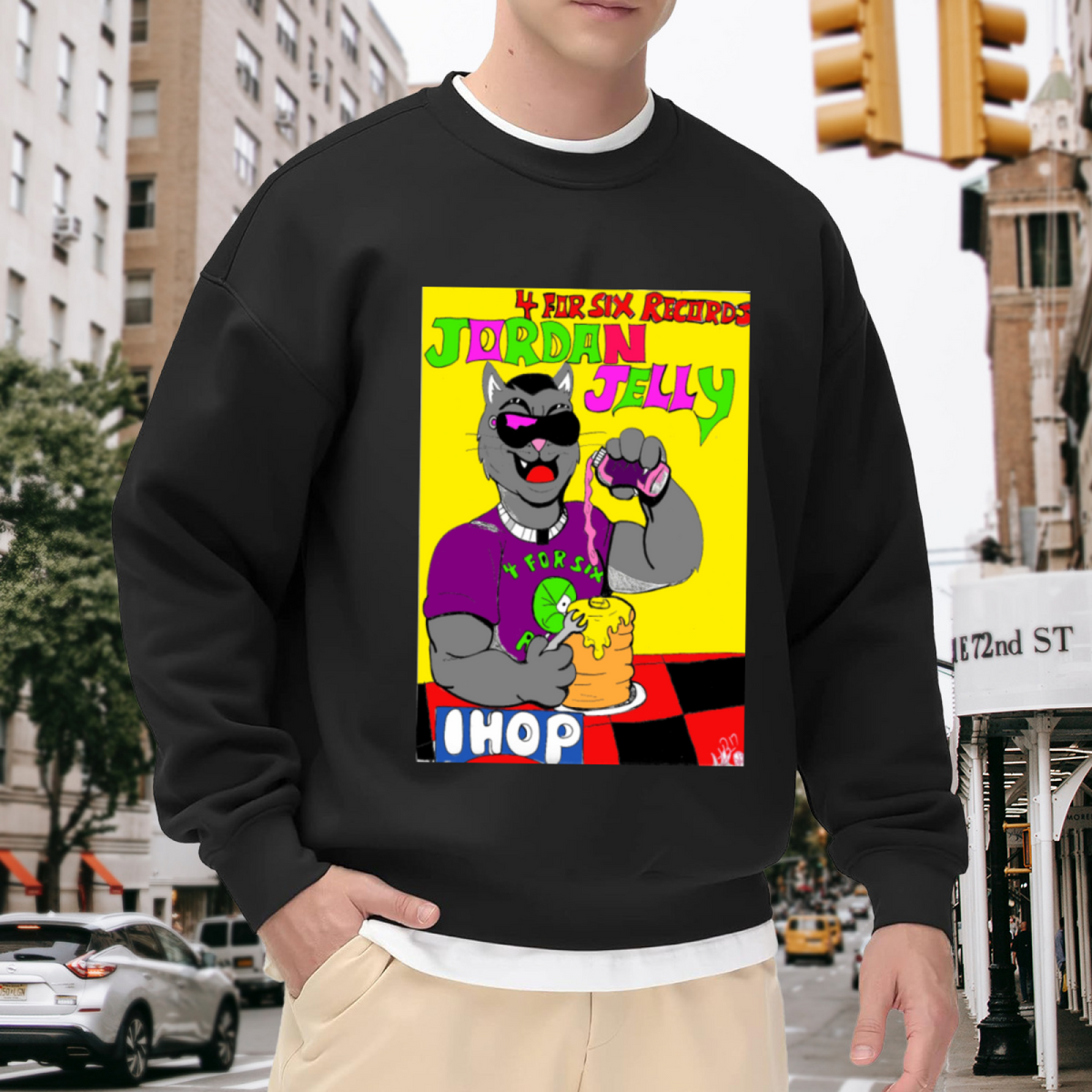 Cartoon Cat Pancakes Jelly Sweatshirt | Funny Diner Breakfast Graphic Crewneck, Retro Cat Pullover Top, Cat Lover Gift for Women Men