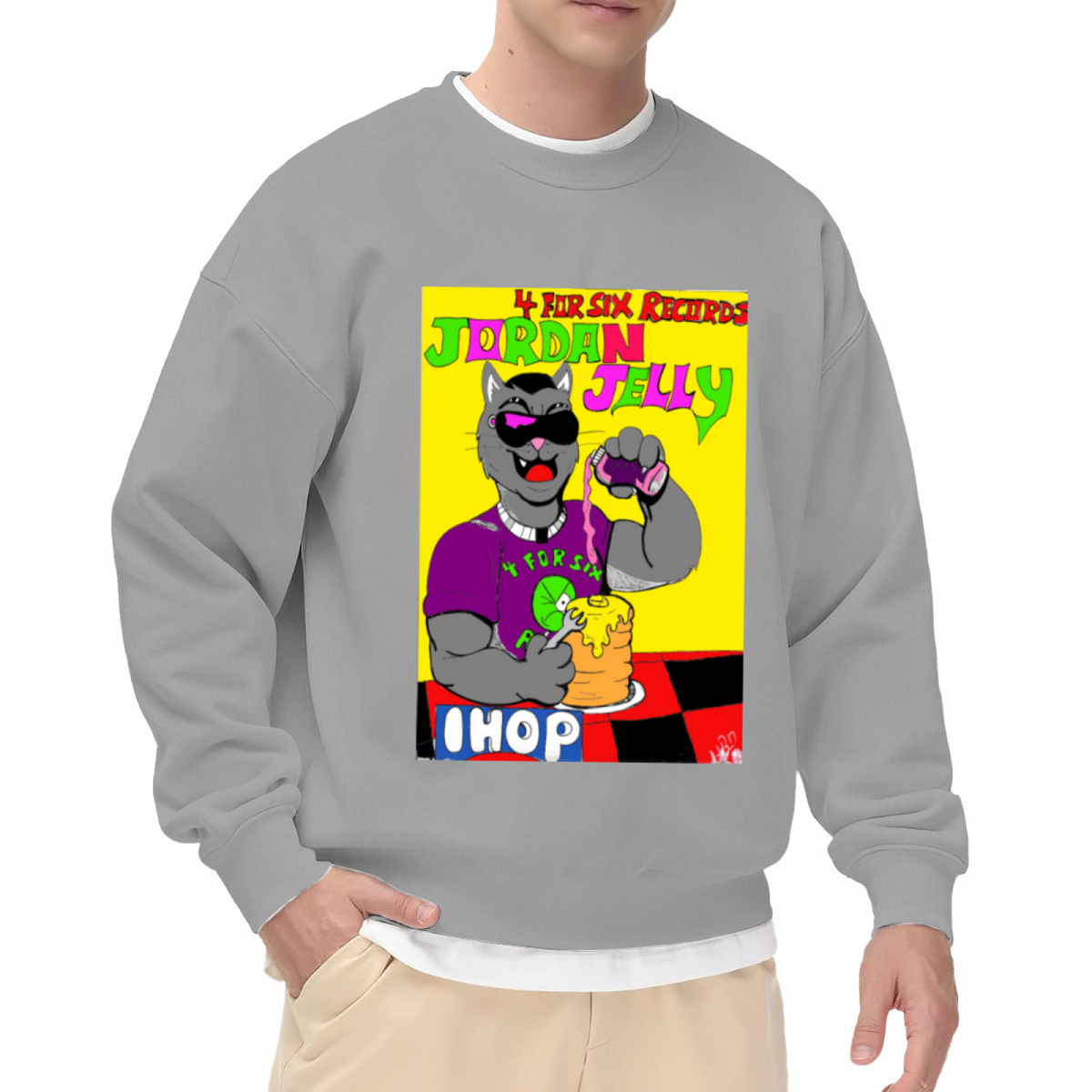 Cartoon Cat Pancakes Jelly Sweatshirt | Funny Diner Breakfast Graphic Crewneck, Retro Cat Pullover Top, Cat Lover Gift for Women Men