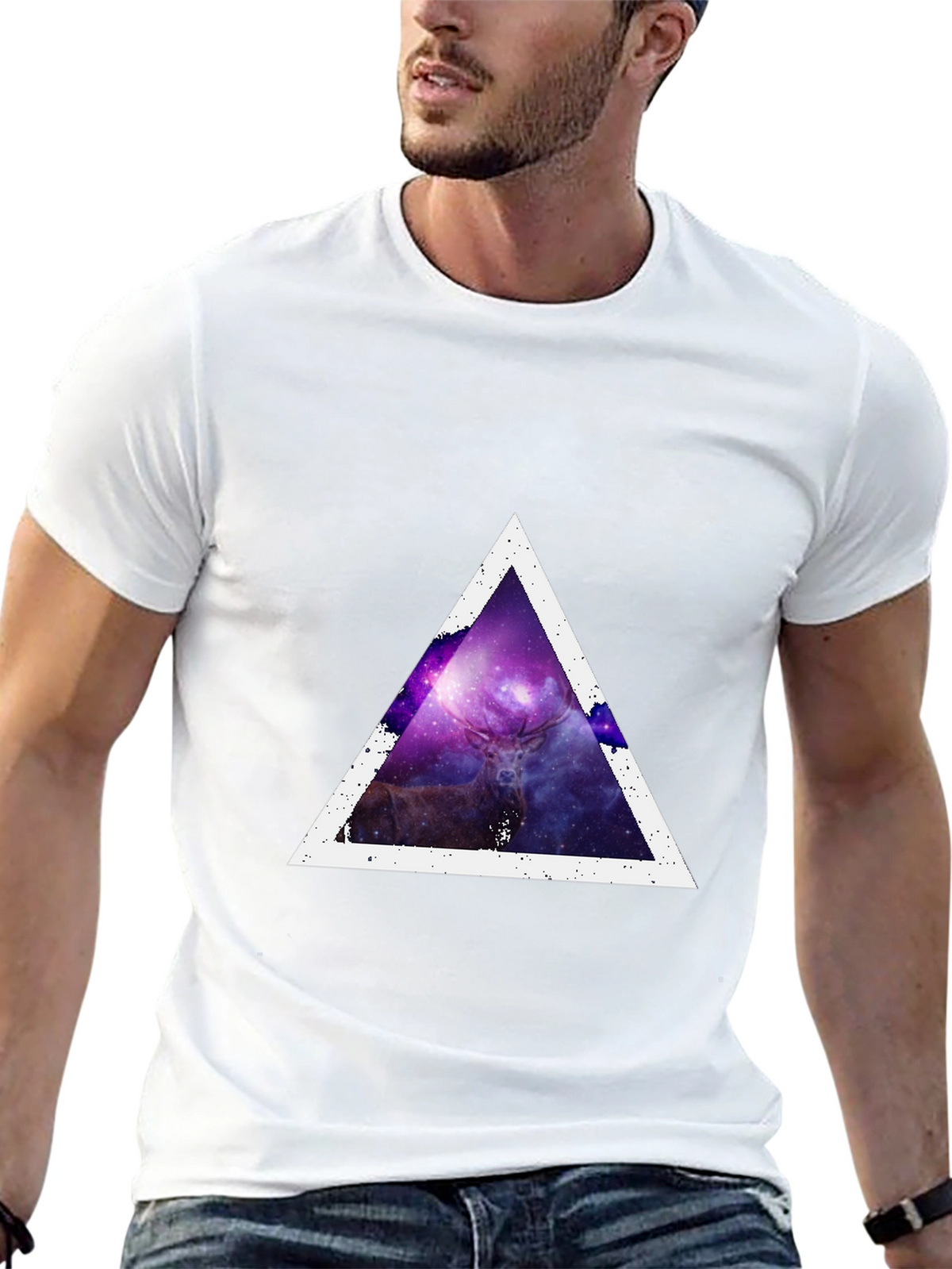 Cosmic Deer Triangle Tee - Modern Graphic Print T-Shirt