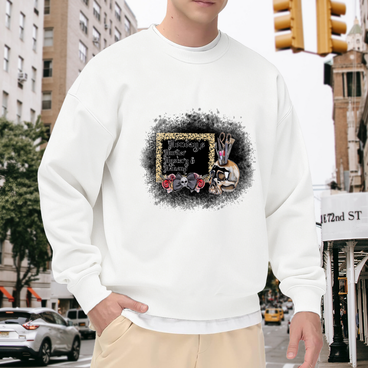 Monday's Murder Mystery And Makeup Sweatshirt | Gothic Skull Makeup Brushes Graphic Crewneck, Vintage Spooky Pullover Top, True Crime Fan Gift