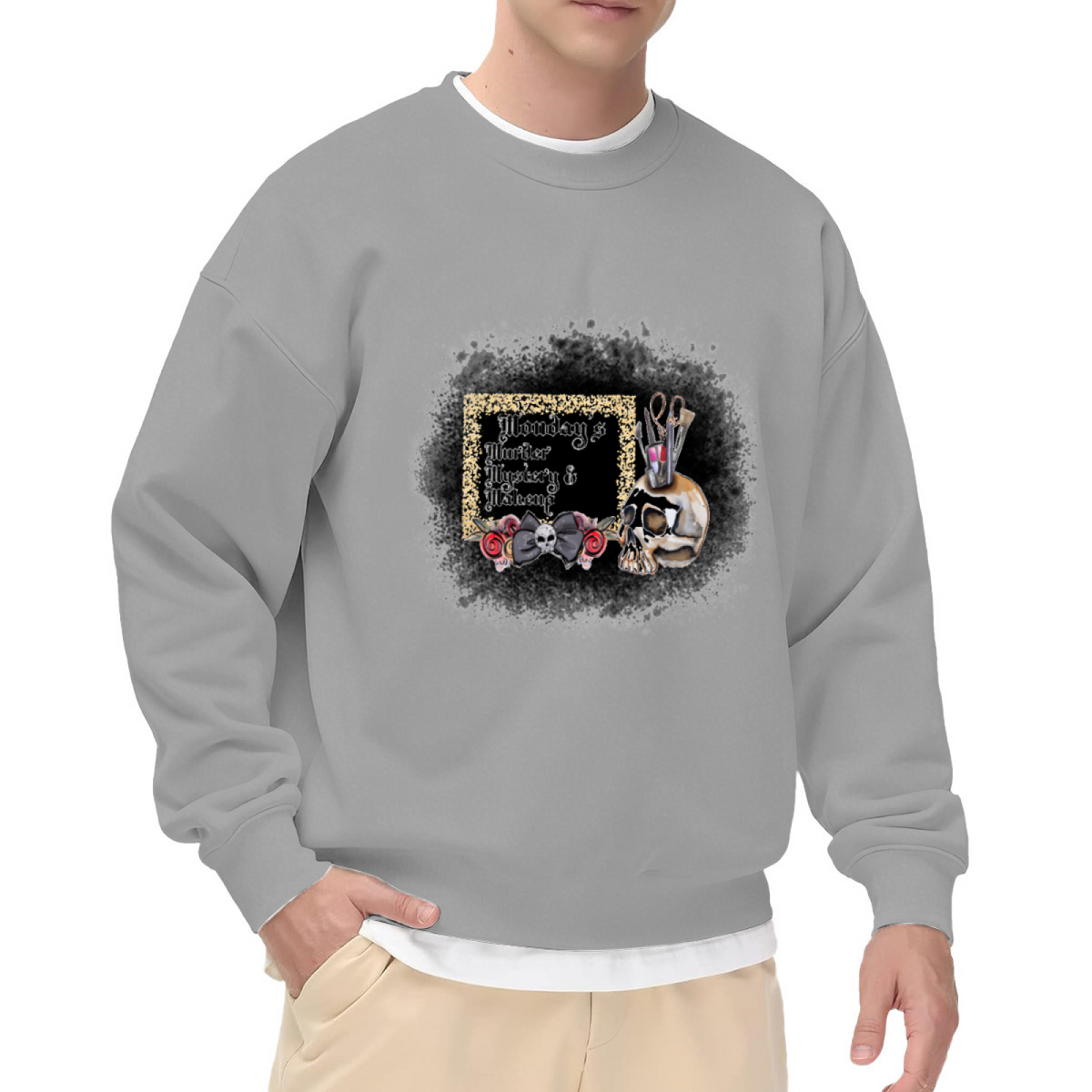 Monday's Murder Mystery And Makeup Sweatshirt | Gothic Skull Makeup Brushes Graphic Crewneck, Vintage Spooky Pullover Top, True Crime Fan Gift