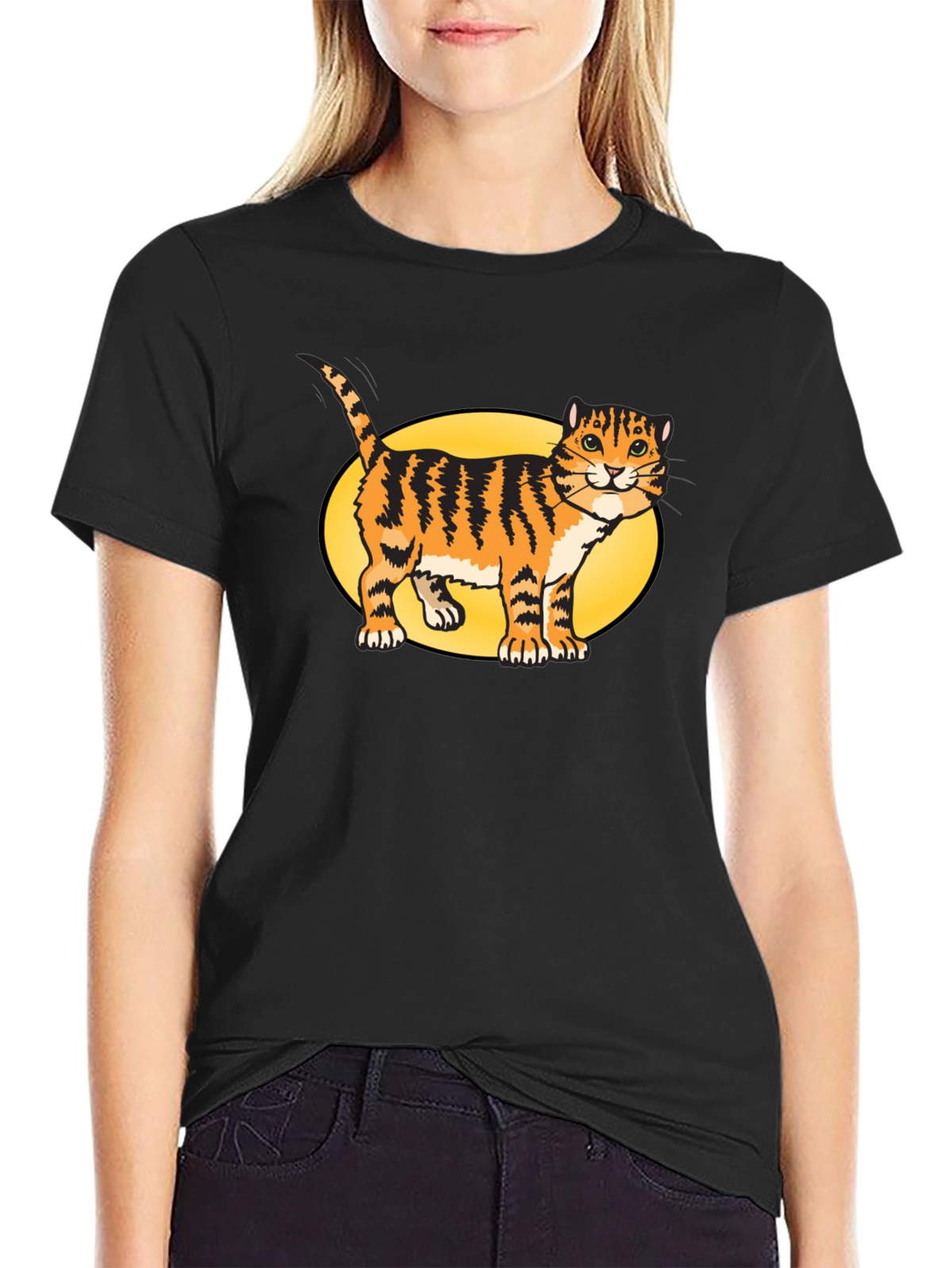 Black T-Shirt with Cartoon Cat Design