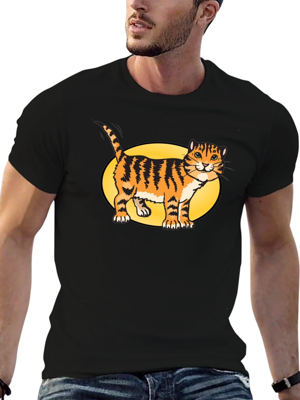 Black T-Shirt with Cartoon Cat Design