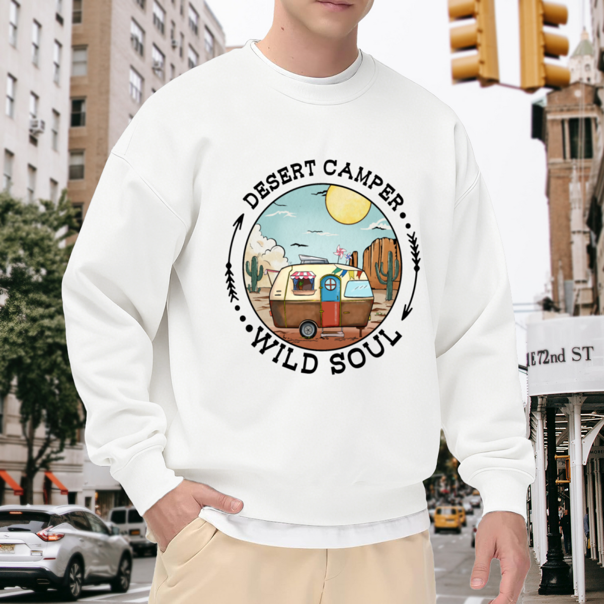 Desert Camper Wild Soul Retro Camper Badge Crewneck Sweatshirt | Vintage Desert Camping Pullover, Van Life Gift