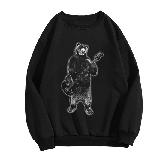 Bear Playing Bass Guitar Monochrome Crewneck Sweatshirt | Vintage Rock Band Animal Graphic Pullover, Bassist Gift