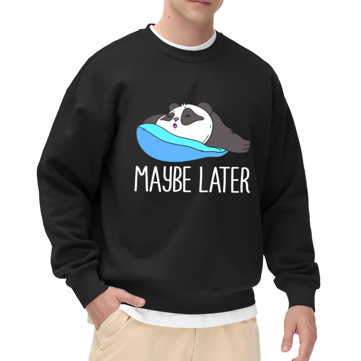 Maybe Later Lazy Panda Cartoon Crewneck Sweatshirt | Funny Procrastination Sloth Panda Pullover, Cute Animal Humor Gift
